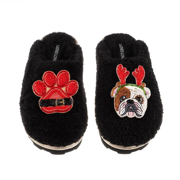 Laines London Teddy Closed Toe Slippers With Christmas British Bulldog & Paw Brooches