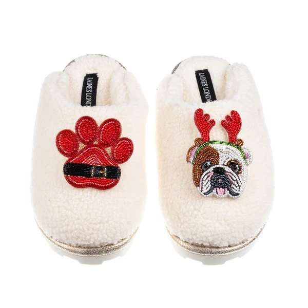 Laines London Teddy Closed Toe Slippers With Christmas British Bulldog & Paw Brooches