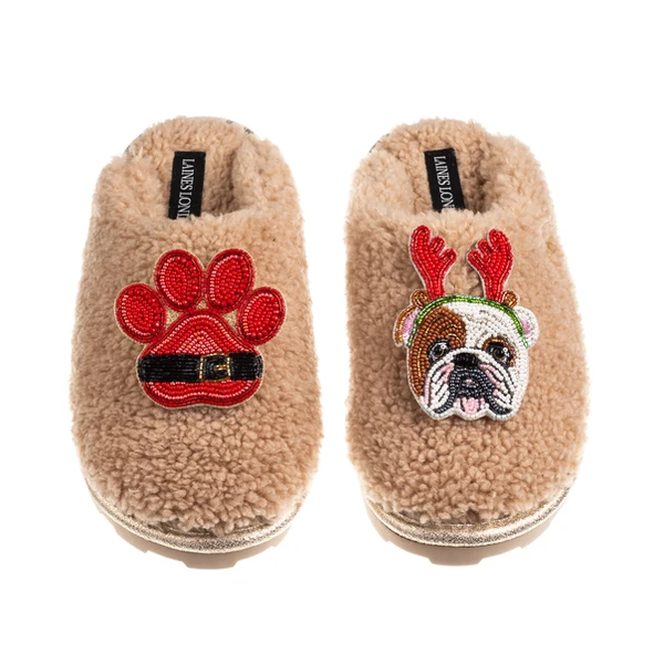 Laines London Teddy Closed Toe Slippers With Christmas British Bulldog & Paw Brooches