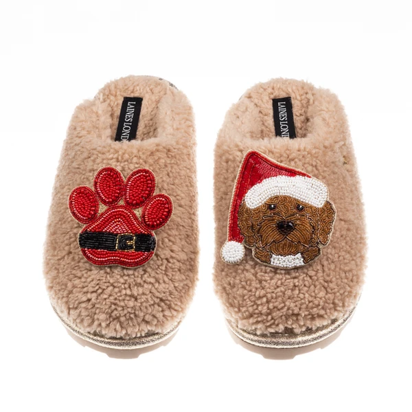 Laines London Teddy Closed Toe Slippers With Christmas Brown Cockapoo & Paw Brooches