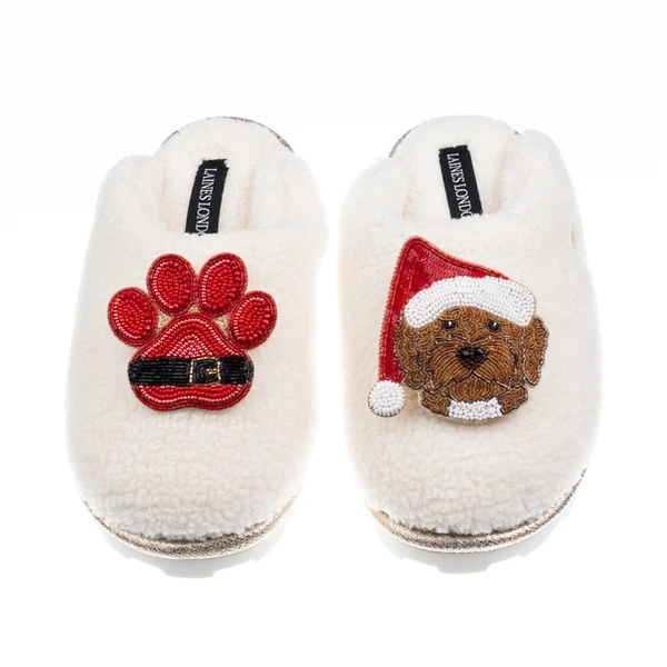 Laines London Teddy Closed Toe Slippers With Christmas Brown Cockapoo & Paw Brooches