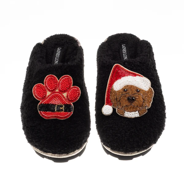 Laines London Teddy Closed Toe Slippers With Christmas Brown Cockapoo & Paw Brooches