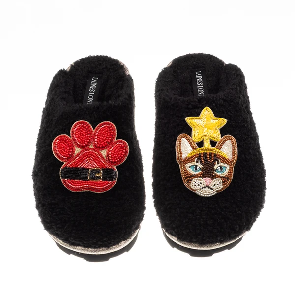 laines london Teddy Closed Toe Slippers With Christmas Brown/Orange Tabby Cat & Paw Brooches