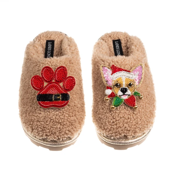 Laines London Teddy Closed Toe Slippers With Christmas Chihuahua & Paw Brooches
