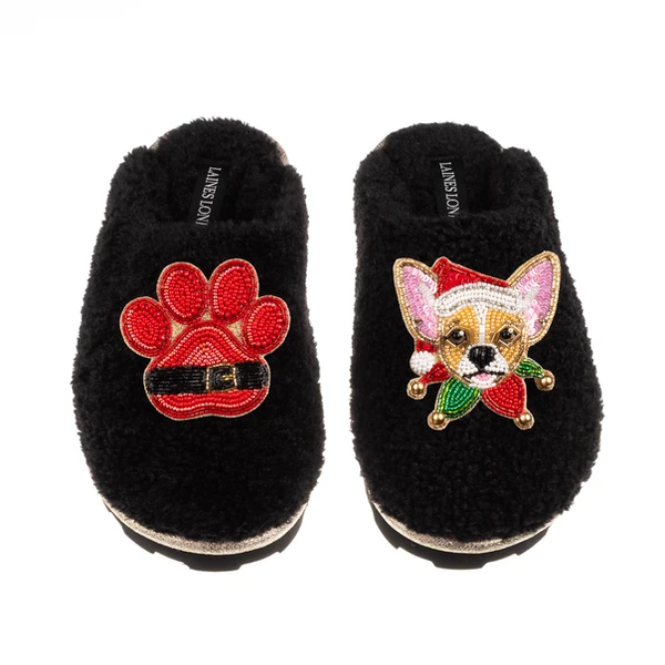 Laines London Teddy Closed Toe Slippers With Christmas Chihuahua & Paw Brooches