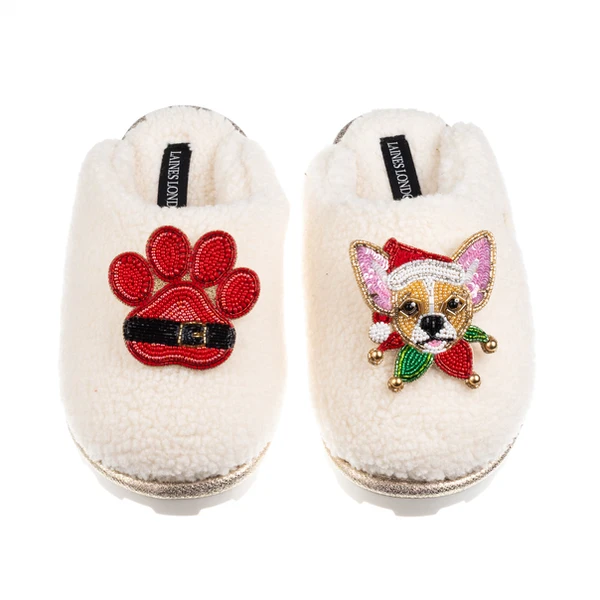 laines london Teddy Closed Toe Slippers With Christmas Chihuahua & Paw Brooches