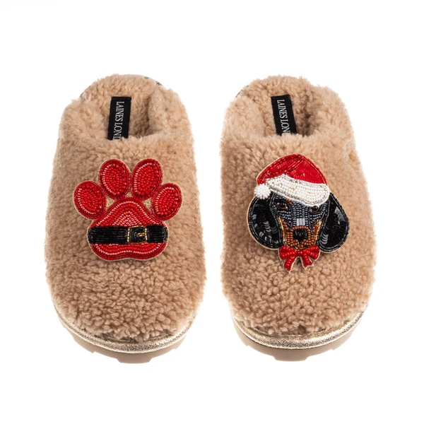 Laines London Teddy Closed Toe Slippers With Christmas Dachshund & Paw Brooches
