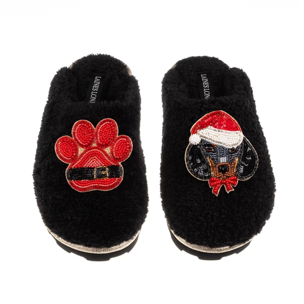 Laines London Teddy Closed Toe Slippers With Christmas Dachshund & Paw Brooches