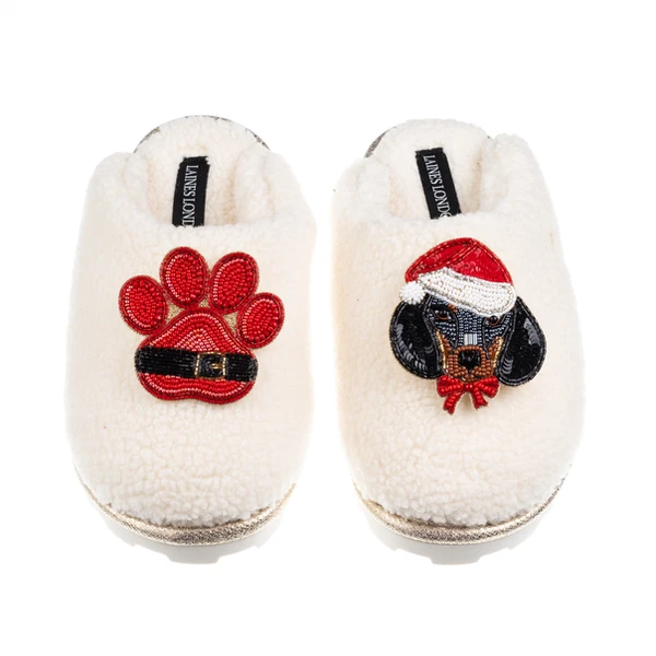 laines london Teddy Closed Toe Slippers With Christmas Dachshund & Paw Brooches