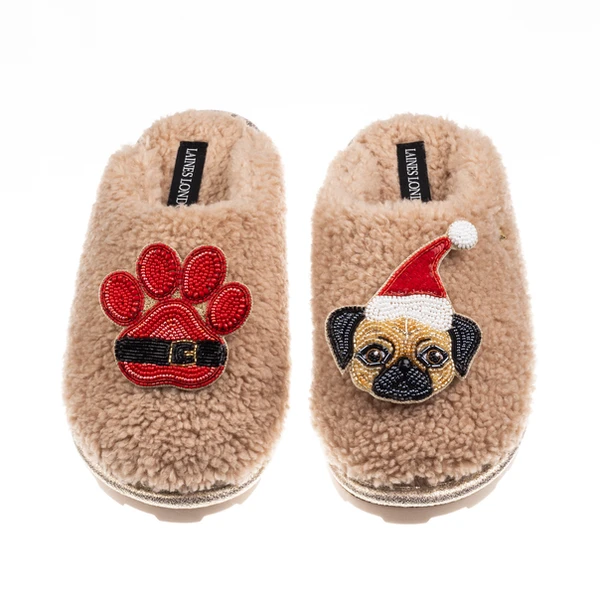 Laines London Teddy Closed Toe Slippers With Christmas Fawn Pug & Paw Brooches