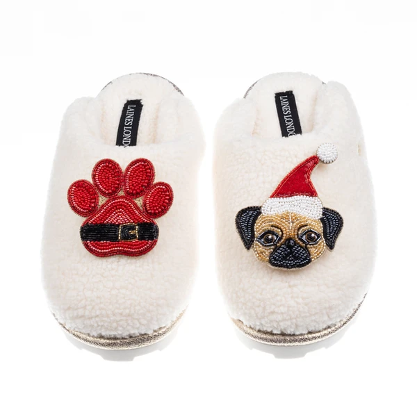 Laines London Teddy Closed Toe Slippers With Christmas Fawn Pug & Paw Brooches