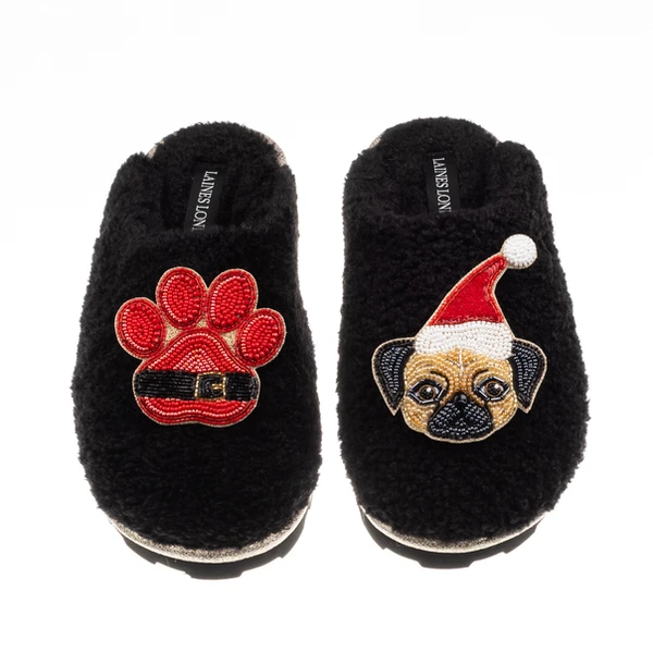 Laines London Teddy Closed Toe Slippers With Christmas Fawn Pug & Paw Brooches