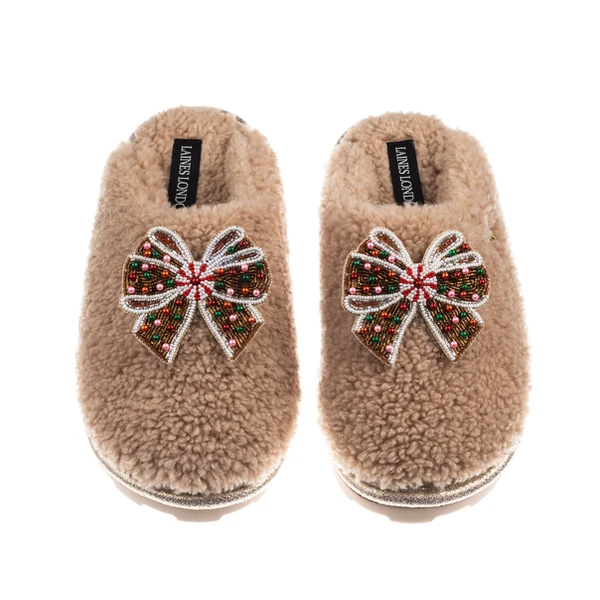 Laines London Teddy Closed Toe Slippers With Christmas Gingerbread Bows Brooches
