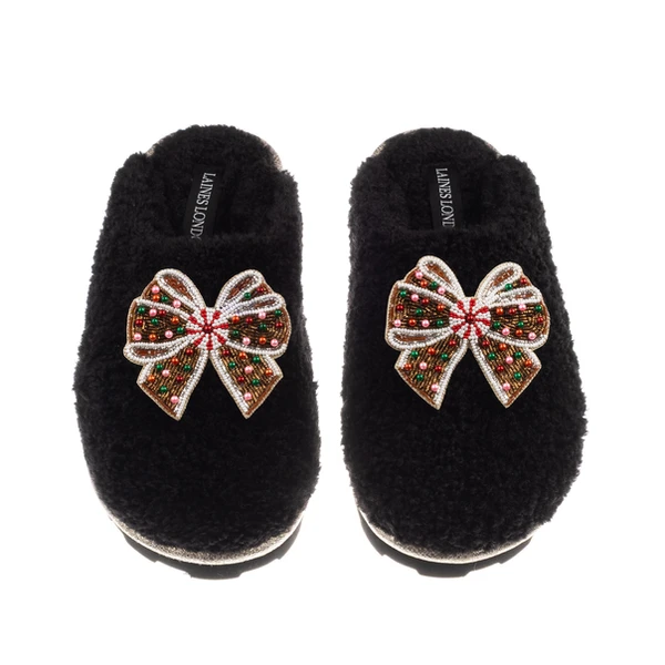 Laines London Teddy Closed Toe Slippers With Christmas Gingerbread Bows Brooches