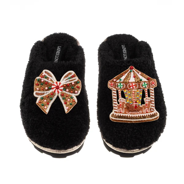 Laines London Teddy Closed Toe Slippers With Christmas Gingerbread Bow & Carousel Brooches