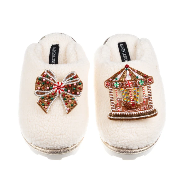 Laines London Teddy Closed Toe Slippers With Christmas Gingerbread Bow & Carousel Brooches