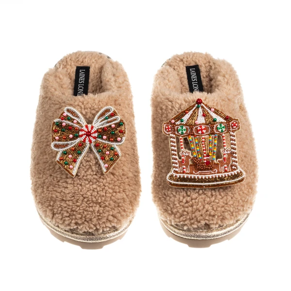 Laines London Teddy Closed Toe Slippers With Christmas Gingerbread Bow & Carousel Brooches