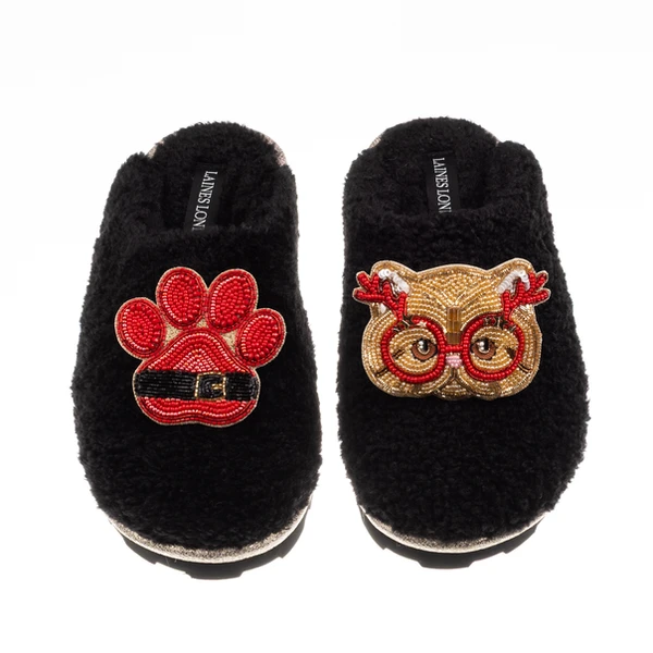 Laines London Teddy Closed Toe Slippers With Christmas Golden British Shorthair Cat & Paw