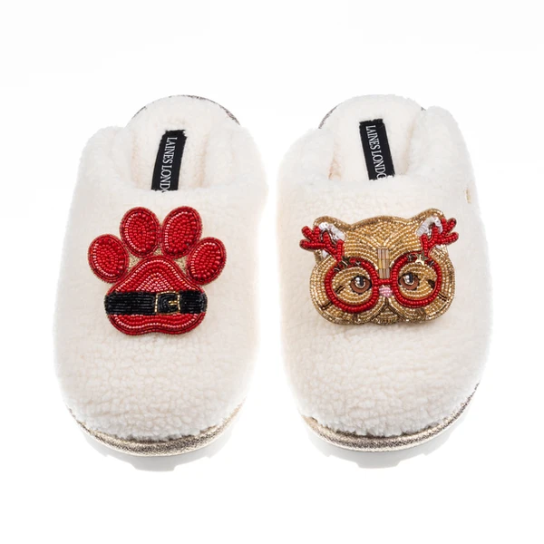 Laines London Teddy Closed Toe Slippers With Christmas Golden British Shorthair Cat & Paw