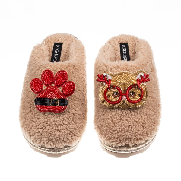 laines london Teddy Closed Toe Slippers With Christmas Golden British Shorthair Cat & Paw