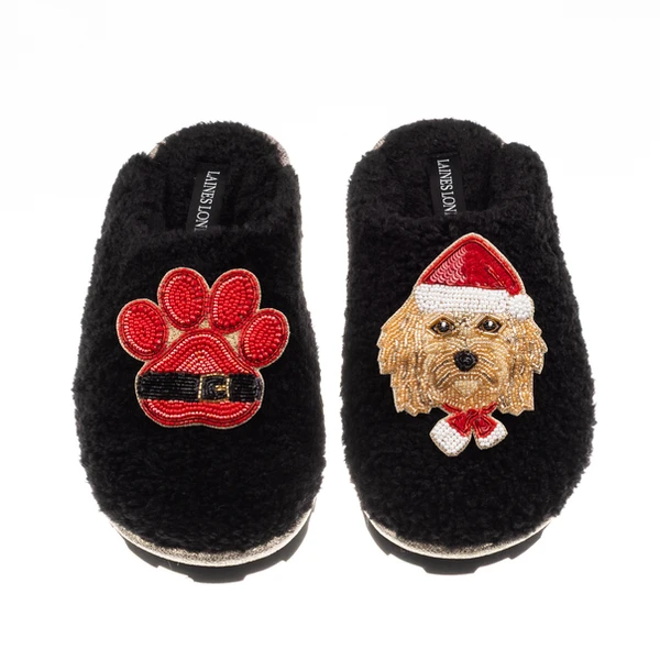 Laines London Teddy Closed Toe Slippers With Christmas Golden Cavapoo & Paw Brooches