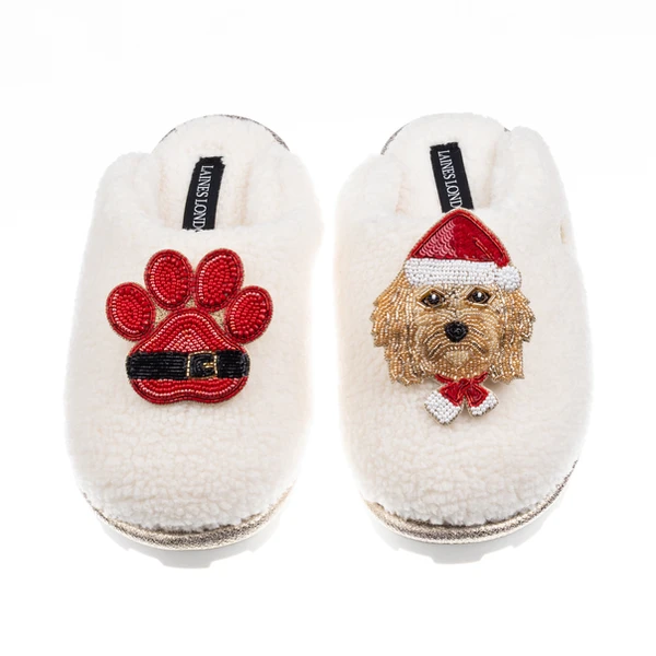 Laines London Teddy Closed Toe Slippers With Christmas Golden Cavapoo & Paw Brooches