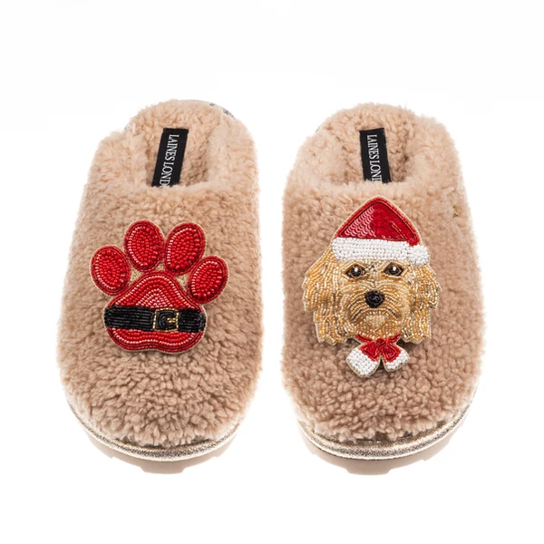 laines london Teddy Closed Toe Slippers With Christmas Golden Cavapoo & Paw Brooches