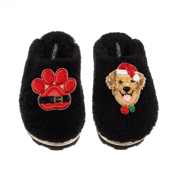 Laines London Teddy Closed Toe Slippers With Christmas Golden Retriever & Paw Brooches