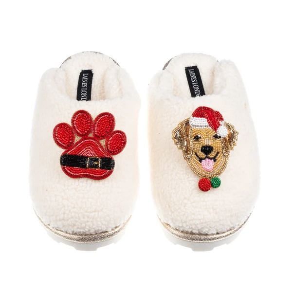 Laines London Teddy Closed Toe Slippers With Christmas Golden Retriever & Paw Brooches