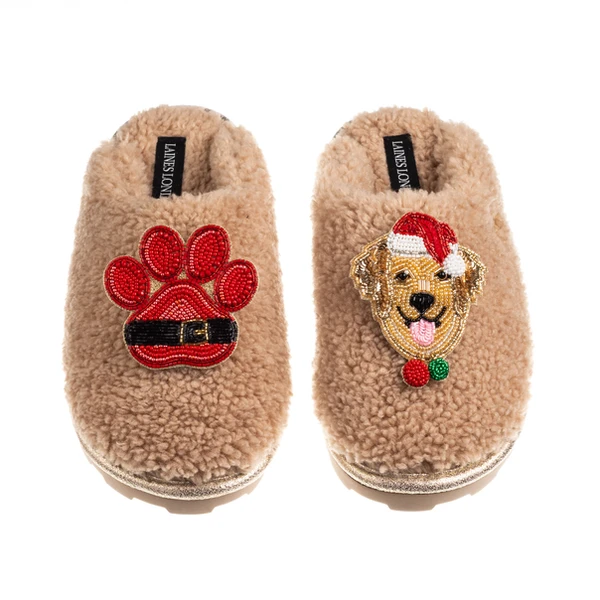 laines london Teddy Closed Toe Slippers With Christmas Golden Retriever & Paw Brooches