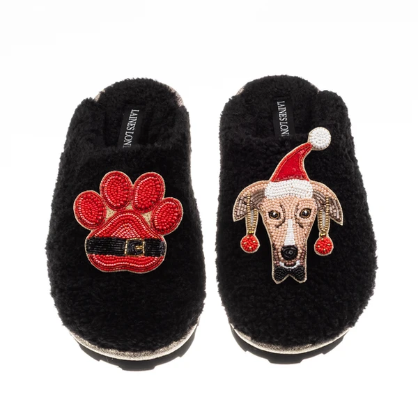 Laines London Teddy Closed Toe Slippers With Christmas Greyhound & Paw Brooches