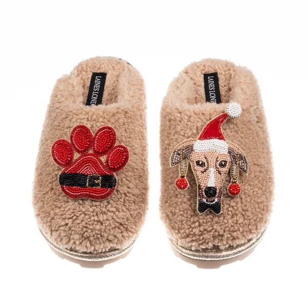 Laines London Teddy Closed Toe Slippers With Christmas Greyhound & Paw Brooches