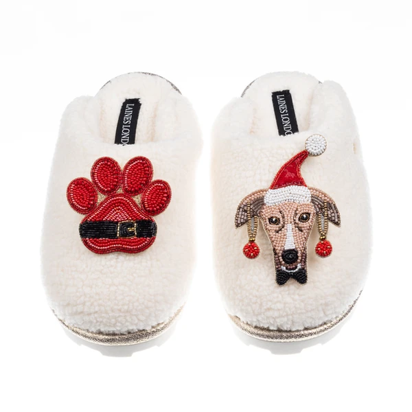 laines london Teddy Closed Toe Slippers With Christmas Greyhound & Paw Brooches