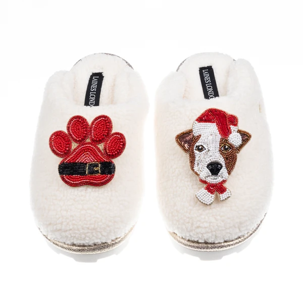 Laines London Teddy Closed Toe Slippers With Christmas Jack Russell & Paw Brooches