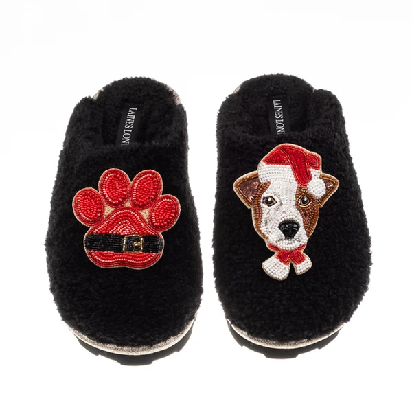 Laines London Teddy Closed Toe Slippers With Christmas Jack Russell & Paw Brooches