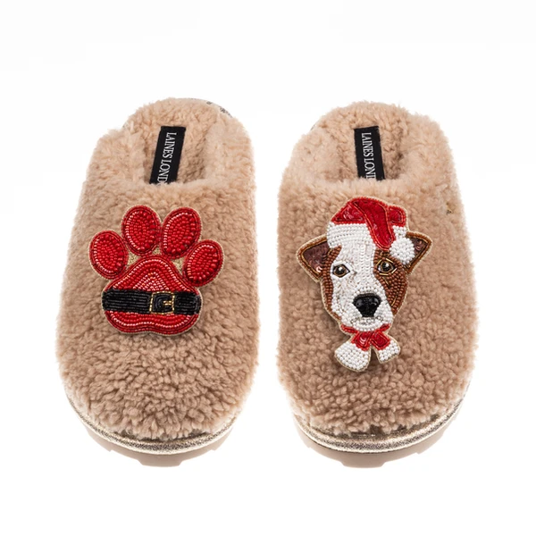 laines london Teddy Closed Toe Slippers With Christmas Jack Russell & Paw Brooches