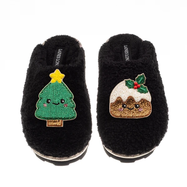 Laines London Teddy Closed Toe Slippers With Christmas Lovable Pudding & Tree Brooches