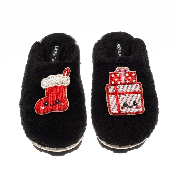 Laines London Teddy Closed Toe Slippers With Christmas Lovable Stocking & Gift Brooches