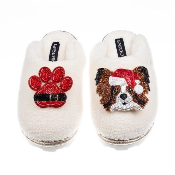 Laines London Teddy Closed Toe Slippers With Christmas Papillon & Paw Brooches