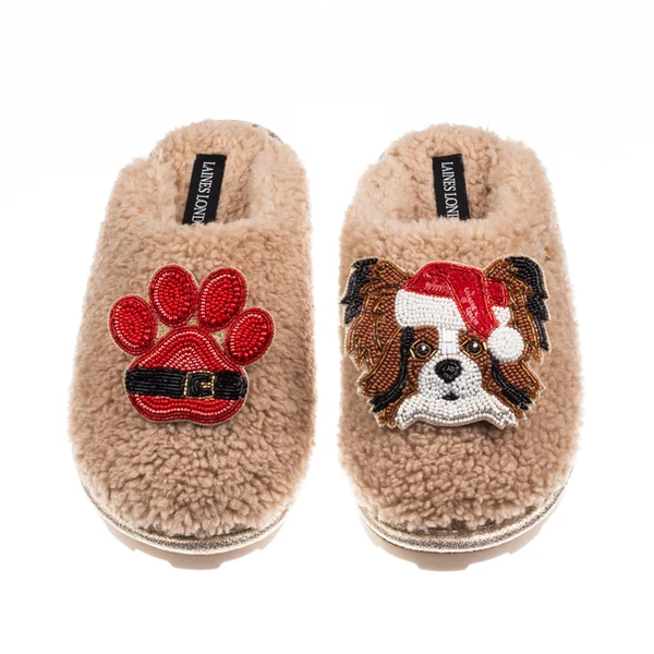 Laines London Teddy Closed Toe Slippers With Christmas Papillon & Paw Brooches