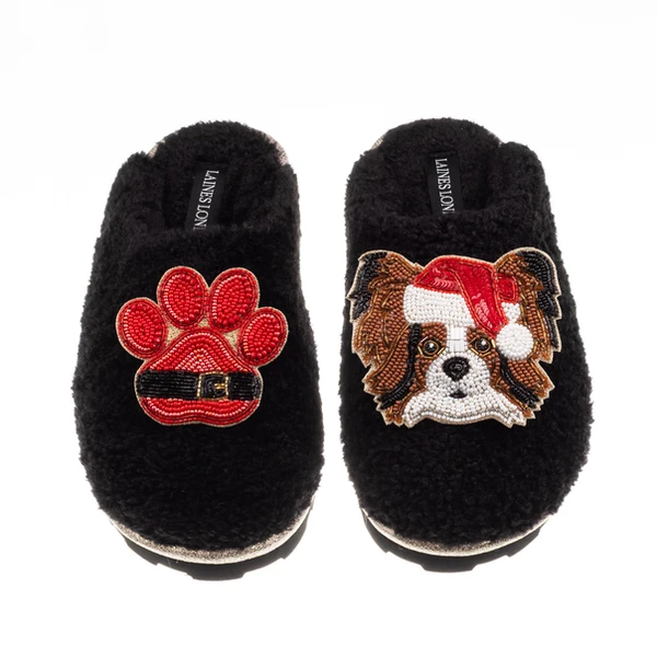 Laines London Teddy Closed Toe Slippers With Christmas Papillon & Paw Brooches