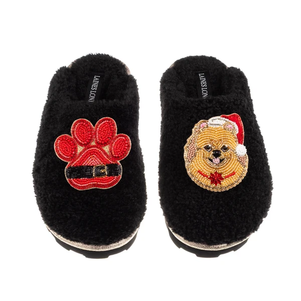 Laines London Teddy Closed Toe Slippers With Christmas Pomeranian & Paw Brooches