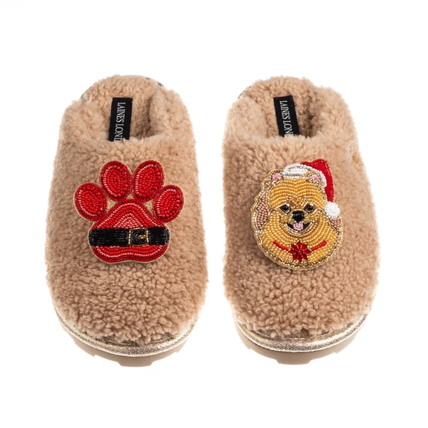 Laines London Teddy Closed Toe Slippers With Christmas Pomeranian & Paw Brooches