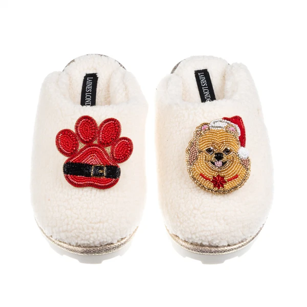 laines london Teddy Closed Toe Slippers With Christmas Pomeranian & Paw Brooches