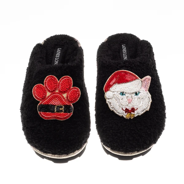 Laines London Teddy Closed Toe Slippers With Christmas White Persian Cat & Paw Brooches