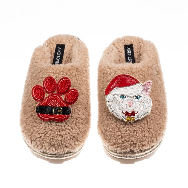 Laines London Teddy Closed Toe Slippers With Christmas White Persian Cat & Paw Brooches