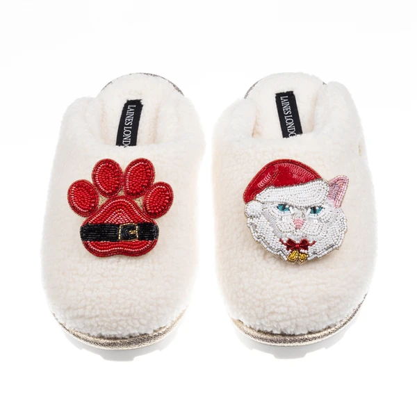 Laines London Teddy Closed Toe Slippers With Christmas White Persian Cat & Paw Brooches