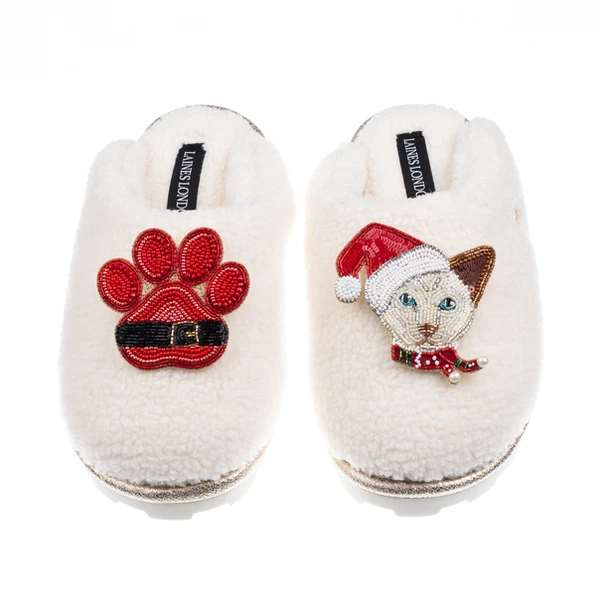 Laines London Teddy Closed Toe Slippers With Christmas White Siamese Cat & Paw Brooches