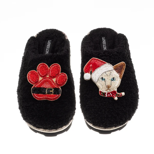 laines london Teddy Closed Toe Slippers With Christmas White Siamese Cat & Paw Brooches