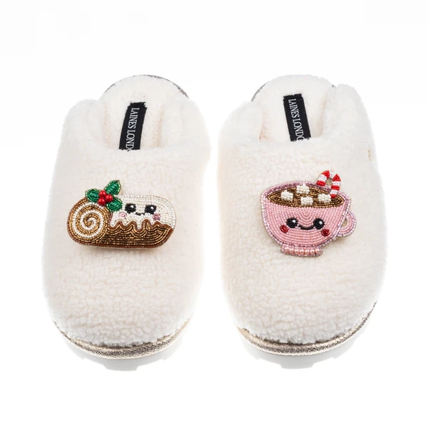Laines London Teddy Closed Toe Slippers With Christmas Yule Log & Hot Chocolate Brooches